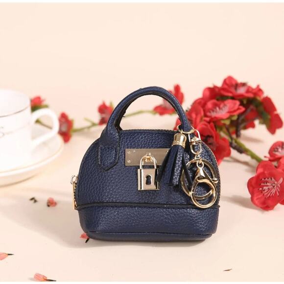 Navy (1) Mini Tote Bag Keychain Coin Purse Pu Leather for Mini Pouch Zipper - Picture 1 of 6